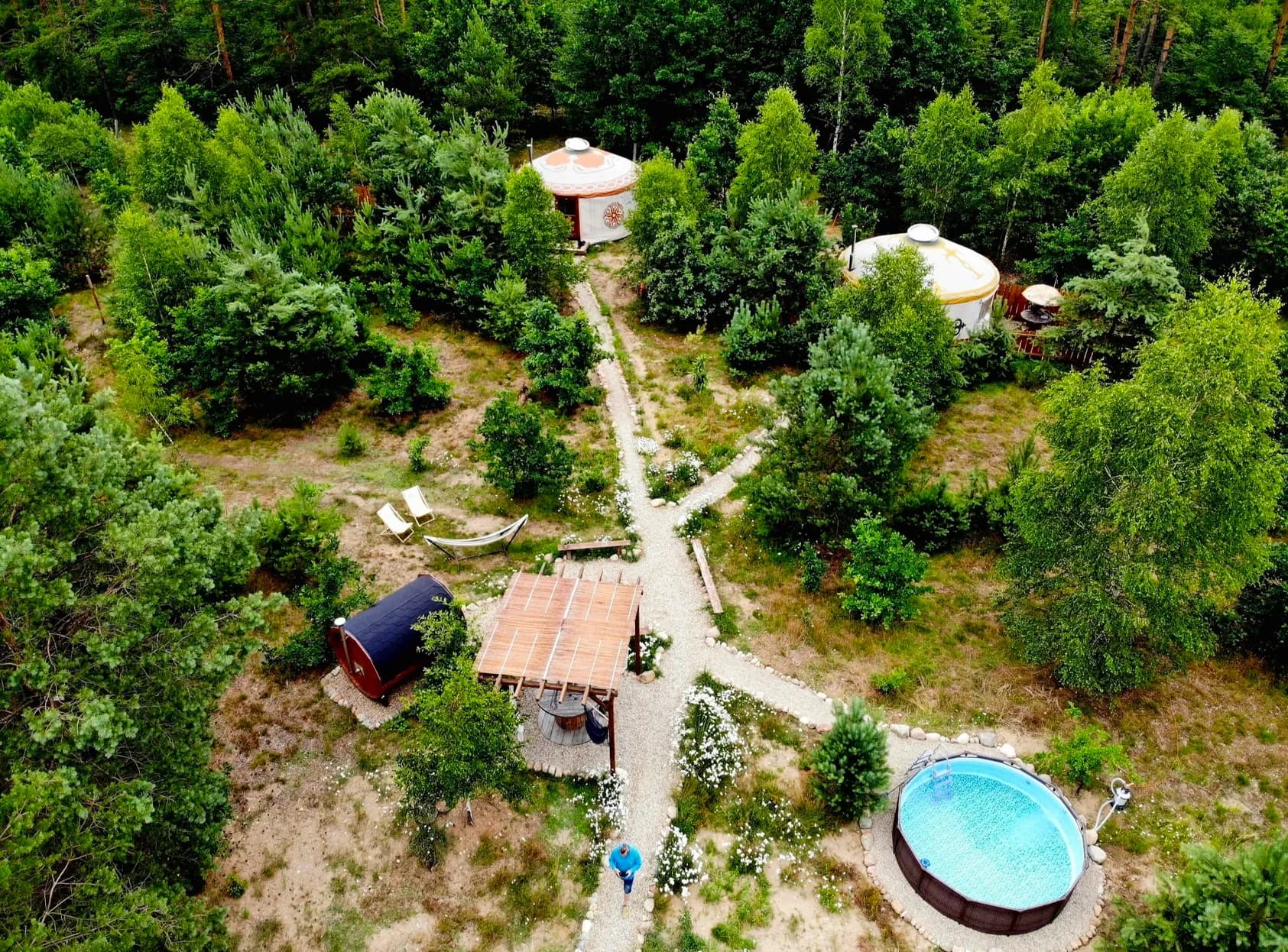 Aerial view of two yurts, a barrel sauna, a hot tub and a pool among the forest