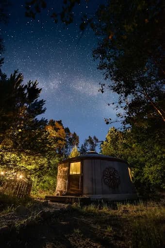 A yurt under a starry sky, warm light in the doorway and forest all around